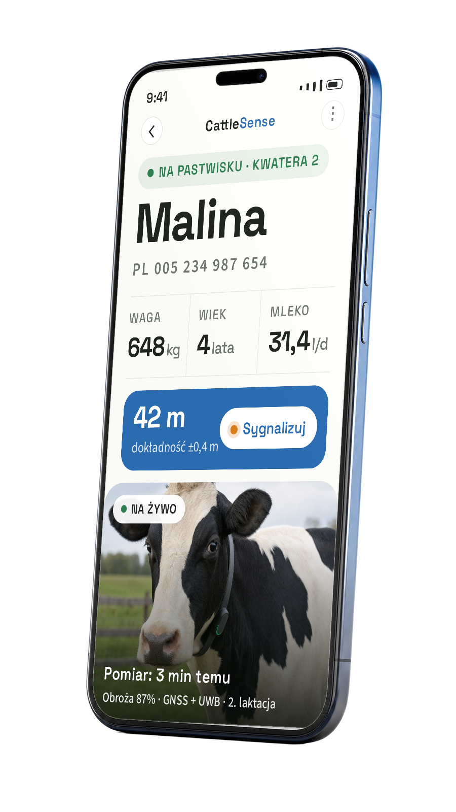 Aplikacja Cattle-Net na telefonie — ekran Znajdź sztukę
